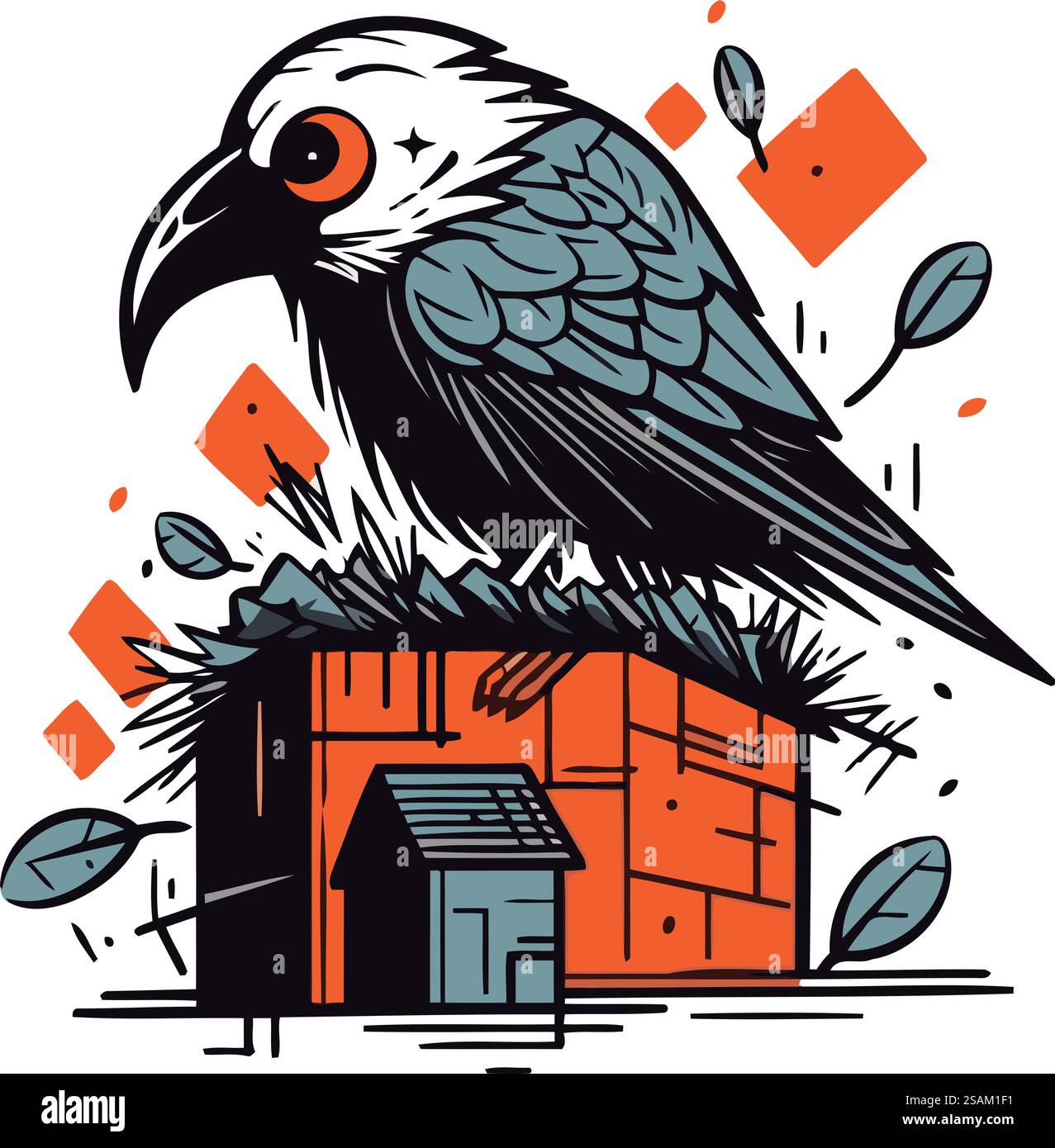 Crow siede sul tetto della casa. Illustrazione vettoriale. Illustrazione Vettoriale