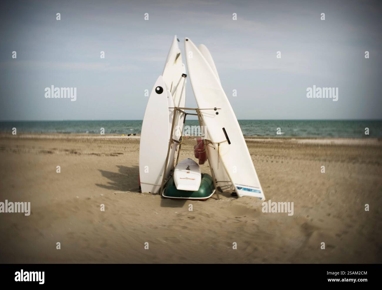 Tavole da surf in affitto bloccate nella sabbia Foto Stock