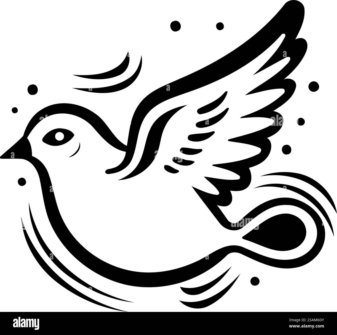 Dove con le ali. Illustrazione vettoriale in bianco e nero isolata su sfondo bianco. Illustrazione Vettoriale