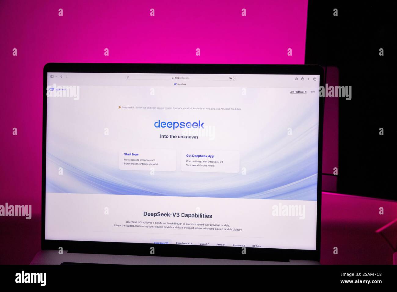 Azzorre, Portogallo - 30.01.2025: Schermo laptop con pagina Web DeepSeek. Chatbot cinese ai. Foto Stock