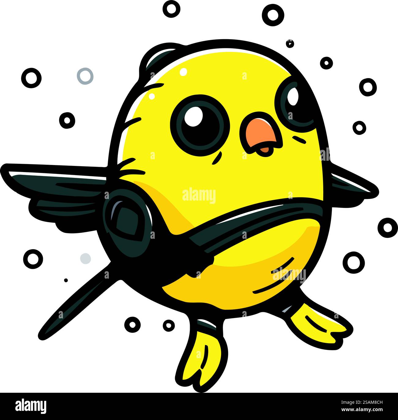 Immagine di un grazioso uccello giallo con ali nere su sfondo bianco. Illustrazione Vettoriale