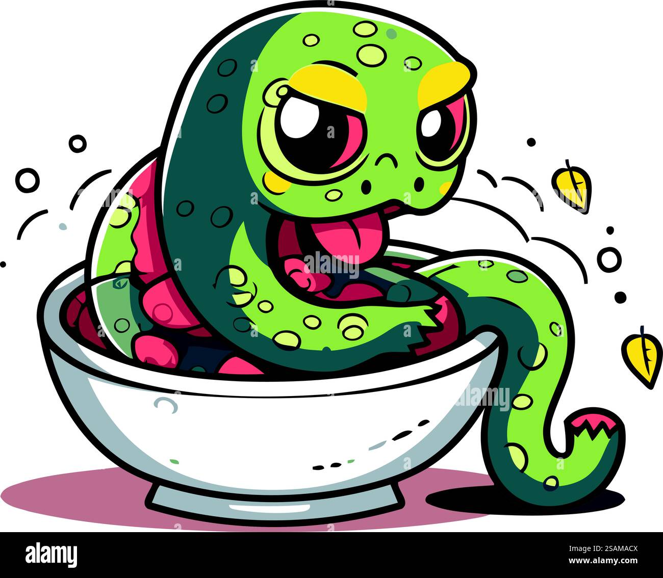 Buffo serpente dei cartoni animati nella ciotola. Illustrazione vettoriale per il progetto. Illustrazione Vettoriale