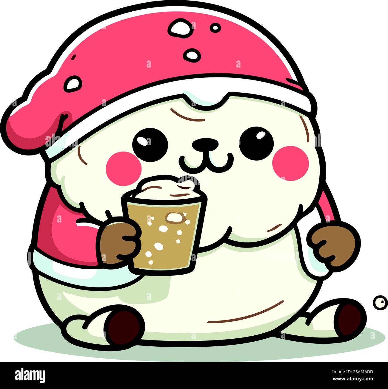 Simpatico pupazzo di neve che tiene una tazza di caffè. Illustrazione vettoriale. Illustrazione Vettoriale