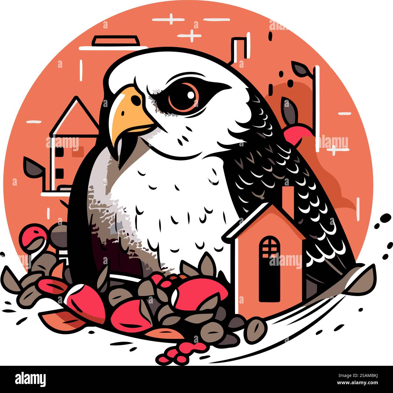 Aquila seduta sul tetto della casa. Illustrazione vettoriale. Illustrazione Vettoriale