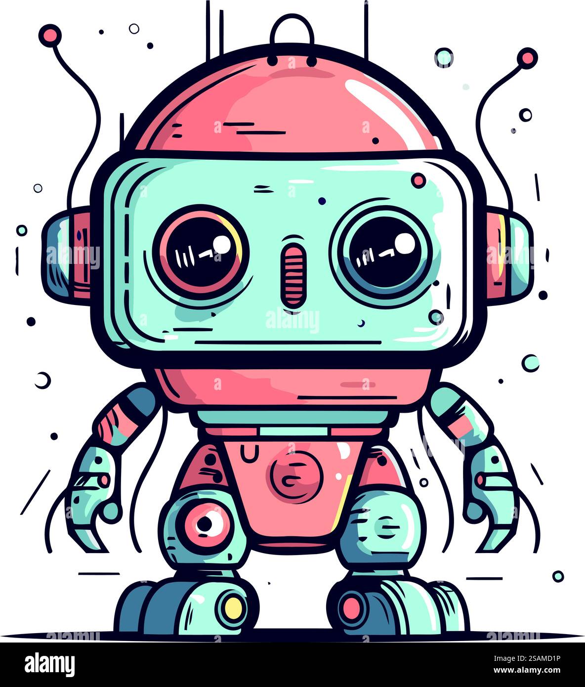 Simpatico robot cartoni animati con cuffie. Illustrazione vettoriale per il progetto. Illustrazione Vettoriale