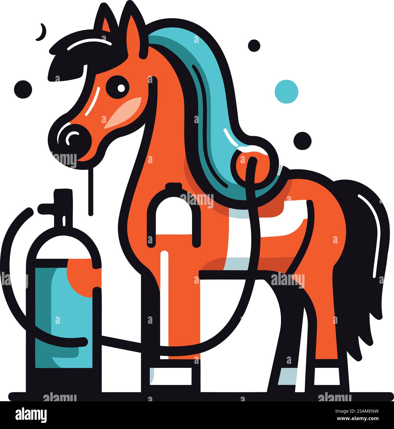 Cavallo con bottiglia d'acqua e pompa. Illustrazione vettoriale in stile piatto Illustrazione Vettoriale