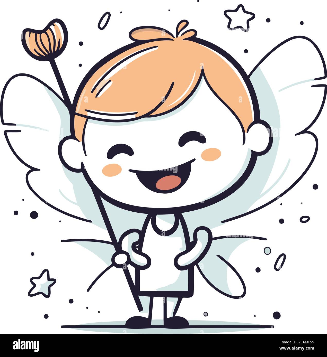 Piccolo angelo carino con ali e bacchetta magica. Illustrazione vettoriale. Illustrazione Vettoriale