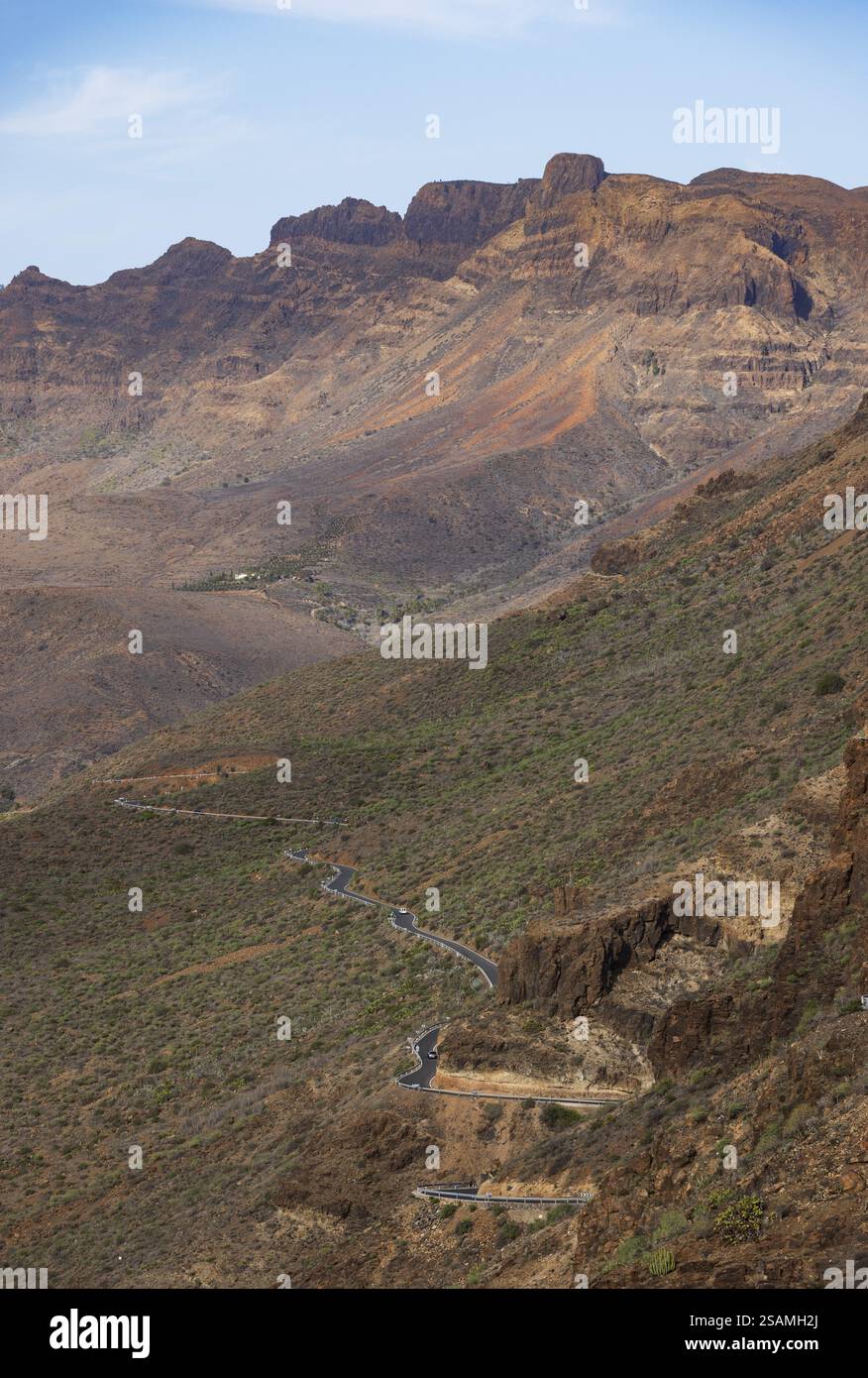 Strada di montagna al punto panoramico di Degollade de las Yeguas con vista sul Barranco de Fataga, Gran Canaria, Isole Canarie, Spagna, Europa Foto Stock