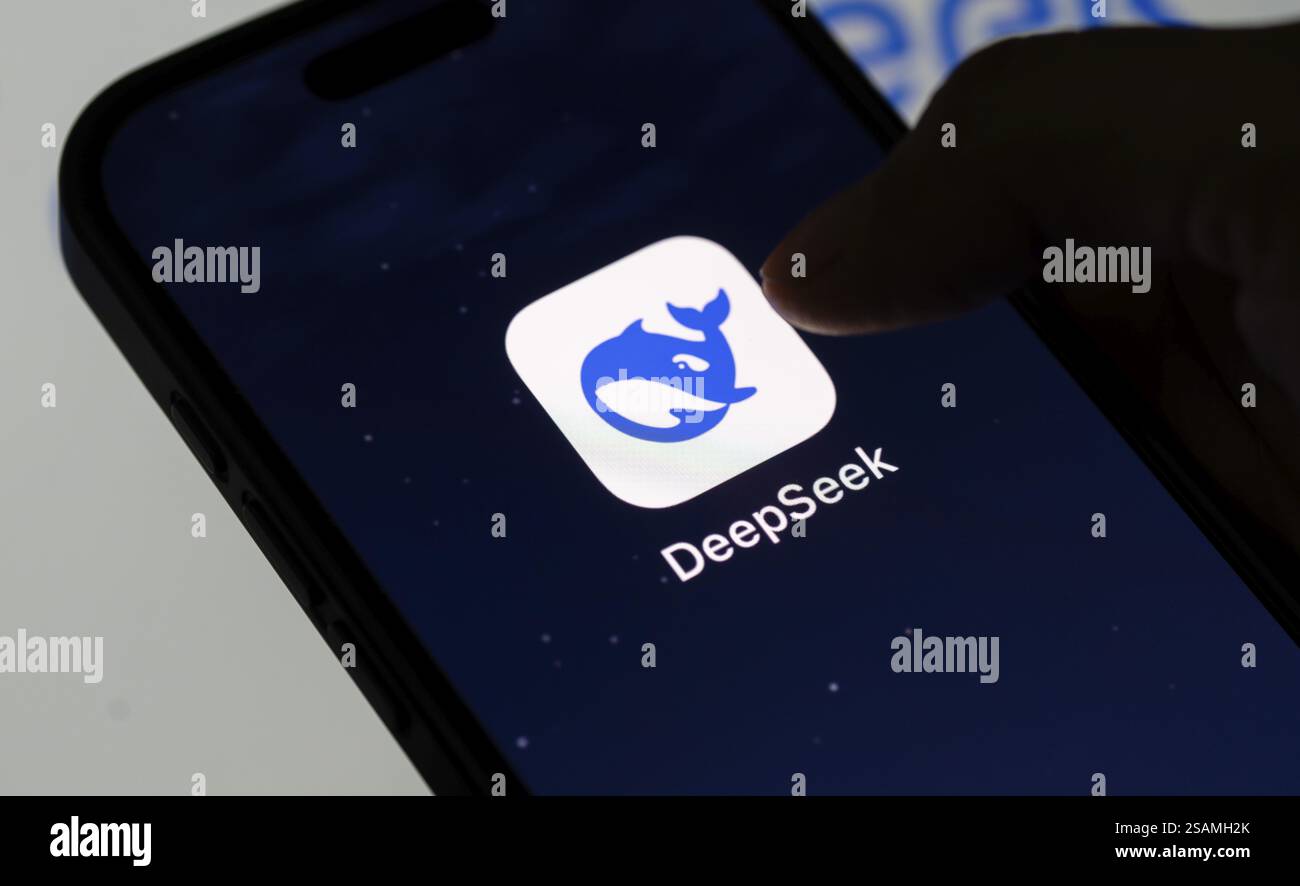 In questa immagine, il logo dell'app cinese DeepSeek appena lanciata viene visualizzato su uno schermo iPhone il 29 gennaio 2025 a Guwahati, India, Asia Foto Stock