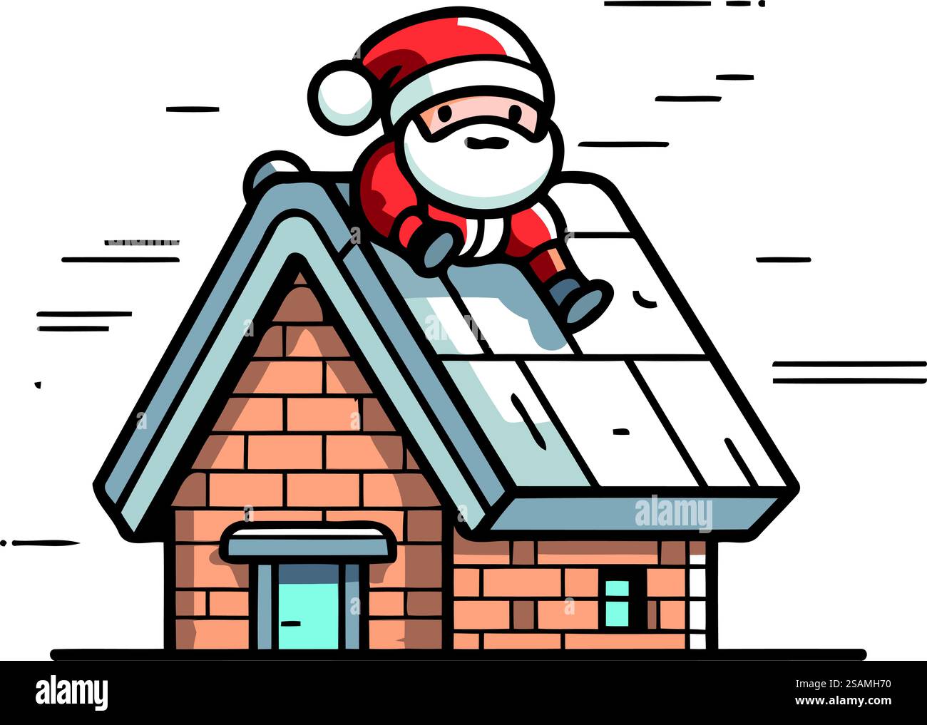 Babbo natale sul tetto della casa. Illustrazione vettoriale natalizio. Illustrazione Vettoriale