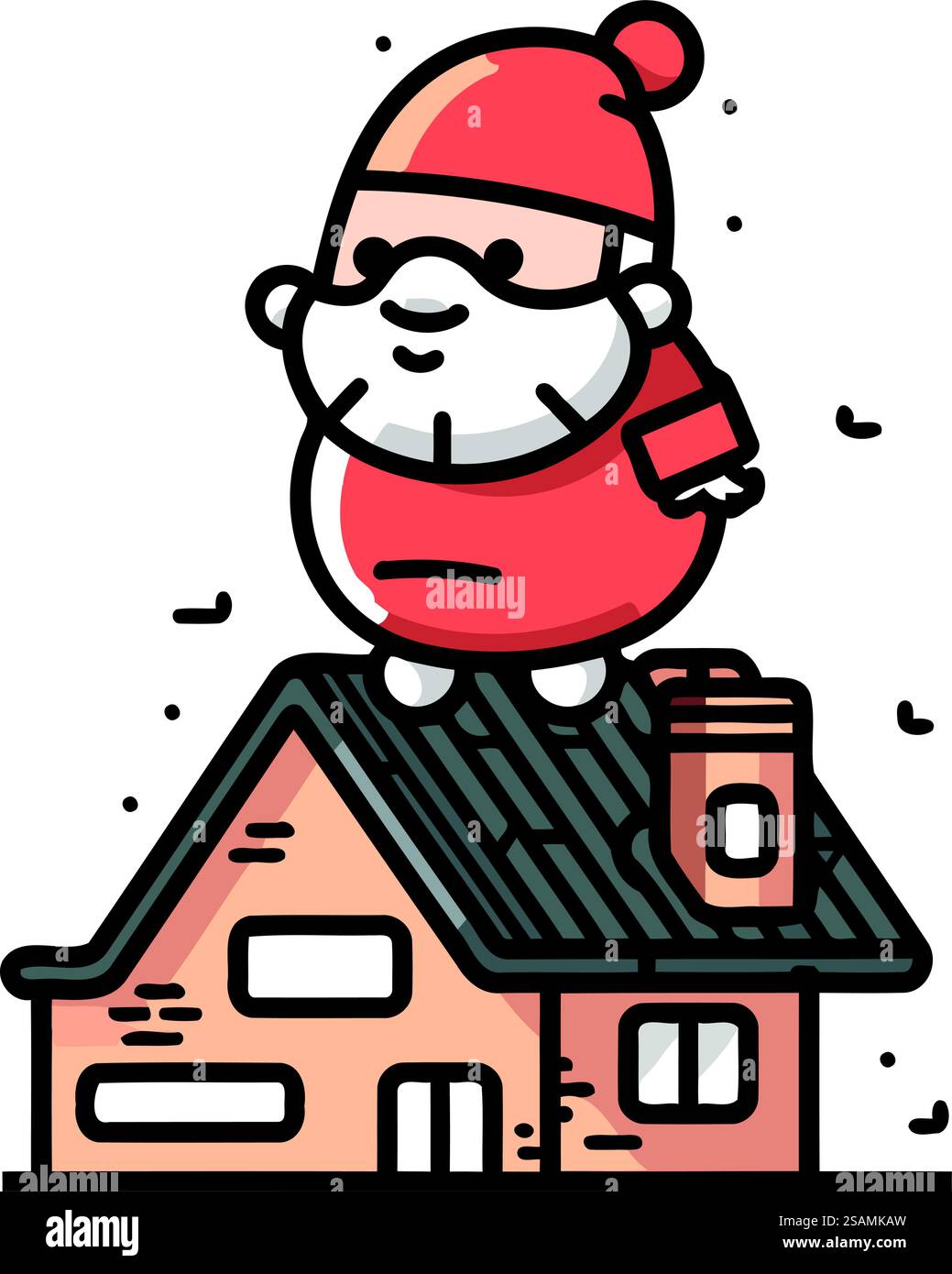 Illustrazione vettoriale di un divertente babbo natale sul tetto di una casa. Illustrazione Vettoriale