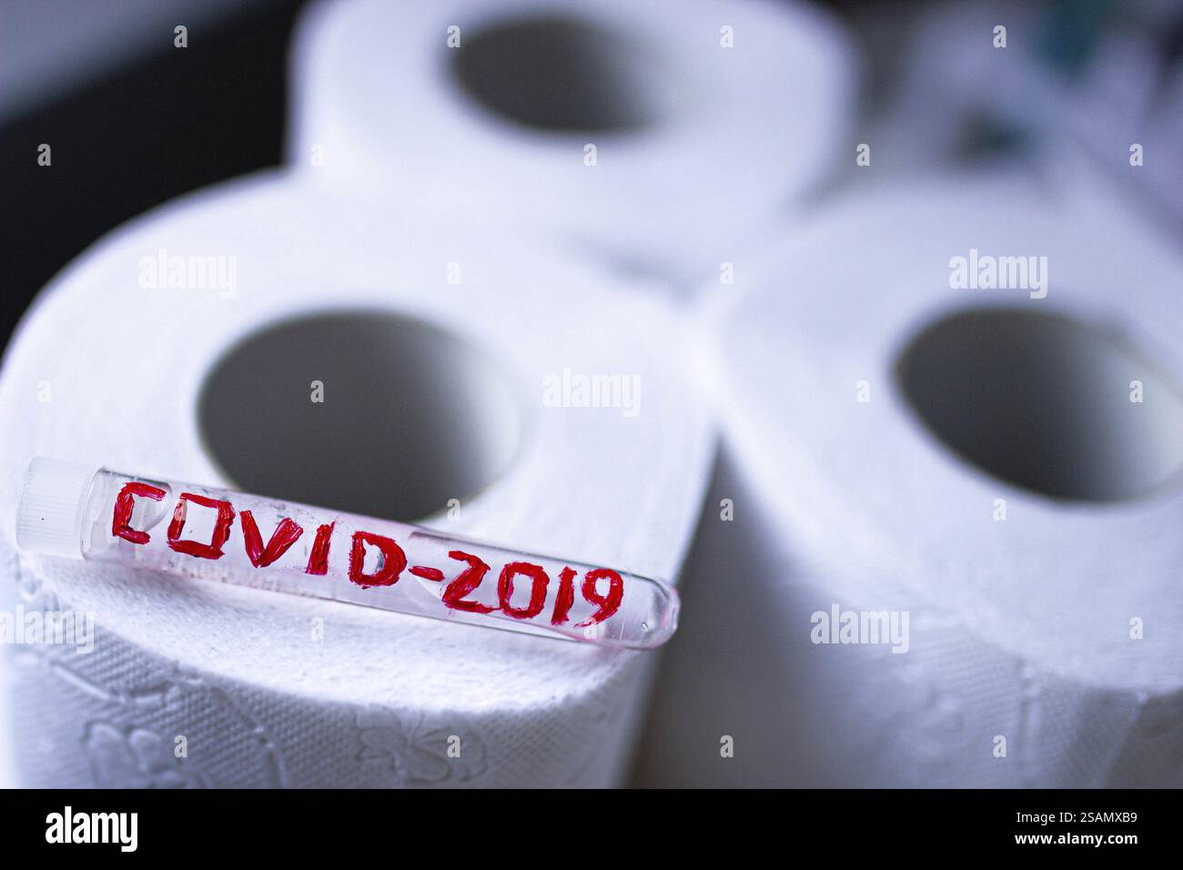 Tubo di vetro etichettato COVID-2019 appoggiato su rotoli di carta igienica bianca Foto Stock