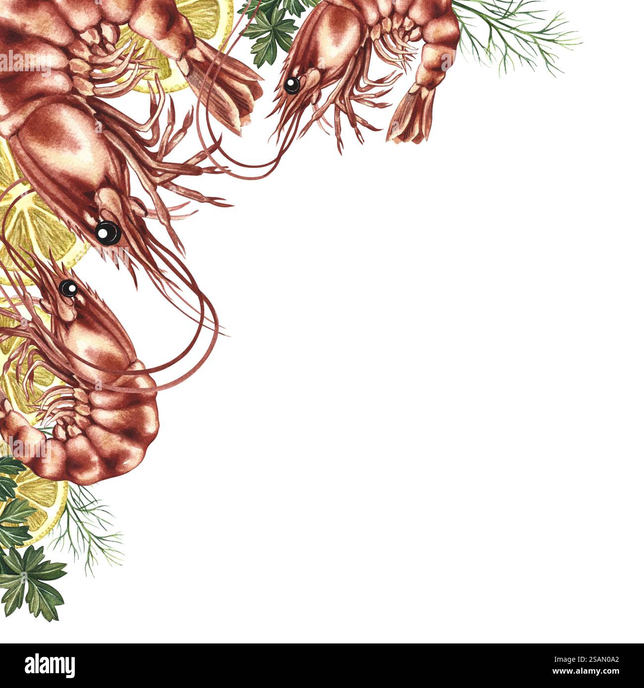 Cornice angolare con gamberi e limoni. Illustrazione ad acquerello disegnata a mano. Un modello a colori che presenta pesce e verdure. Su sfondo bianco. F Foto Stock