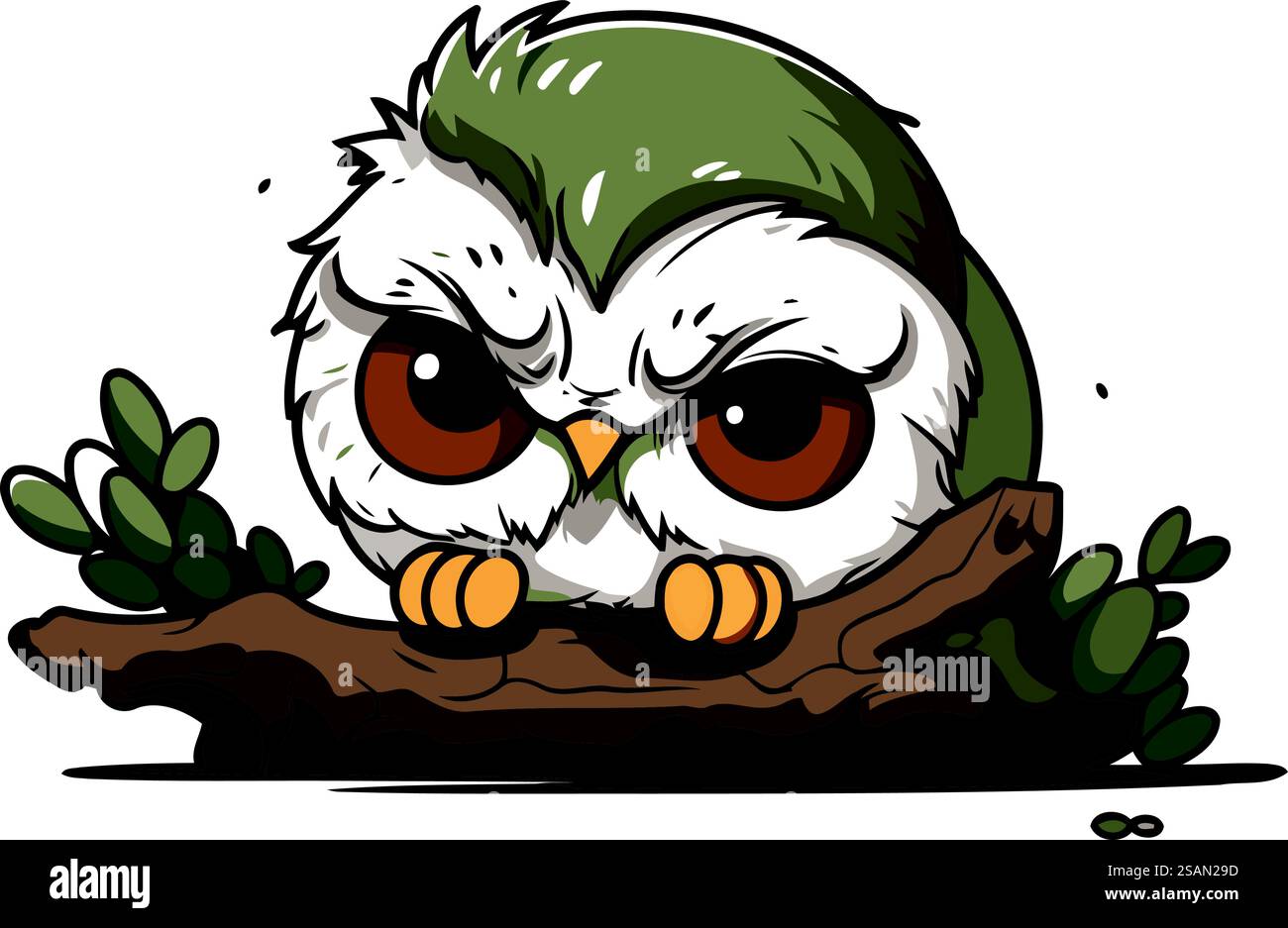 Grazioso gufo dei cartoni animati seduto su un ramo d'albero. Illustrazione vettoriale. Illustrazione Vettoriale