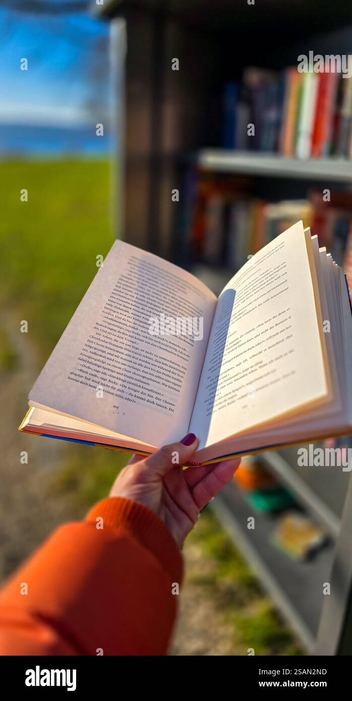 La mano delle donne tiene il libro aperto sullo sfondo di una biblioteca pubblica aperta gratuita per il bookcrossing nel parco cittadino. Messa a fuoco selettiva. Dicembre Foto Stock
