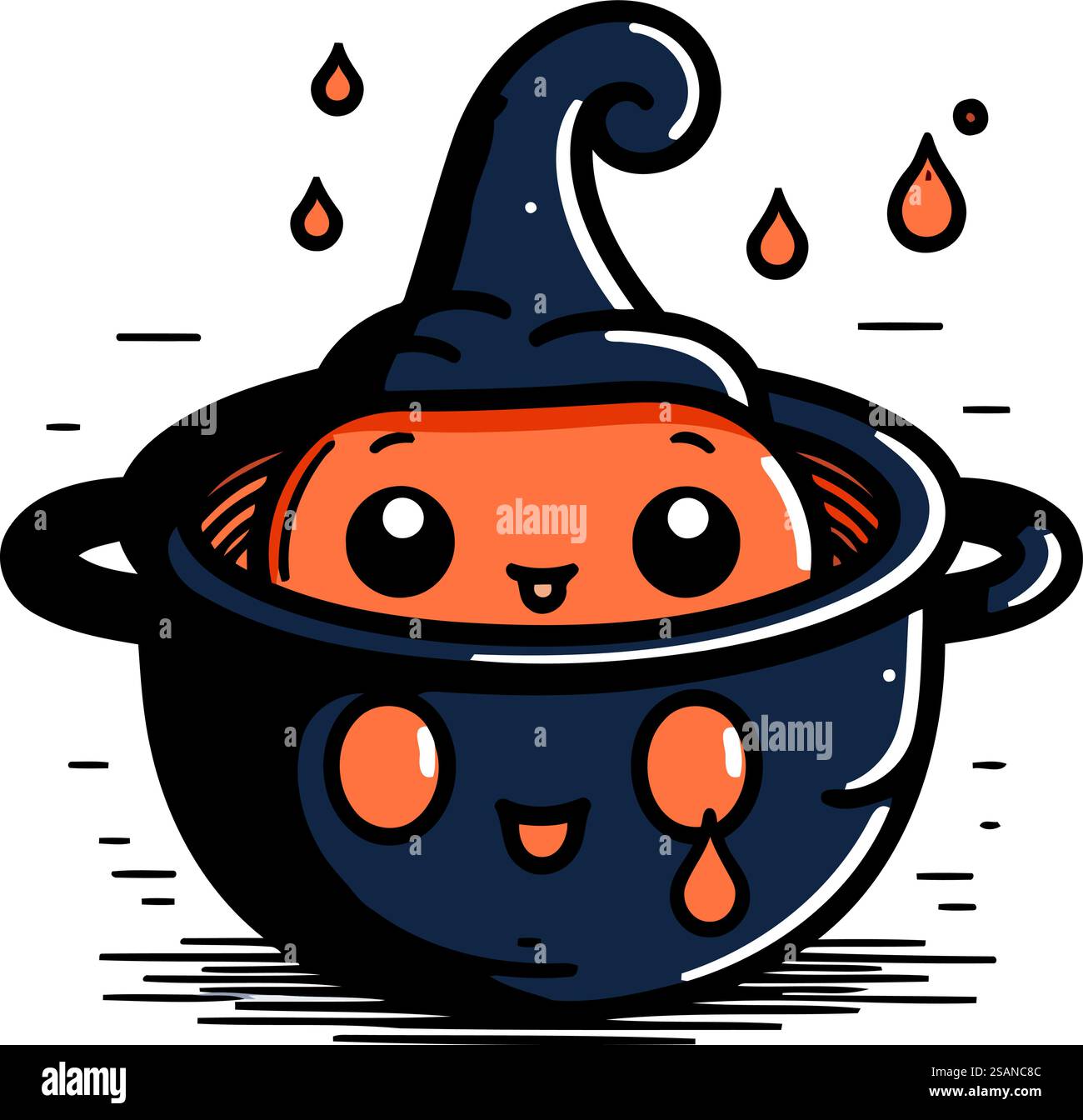 Carino cartone animato Halloween pentola da cucina con faccia divertente. Illustrazione vettoriale. Illustrazione Vettoriale