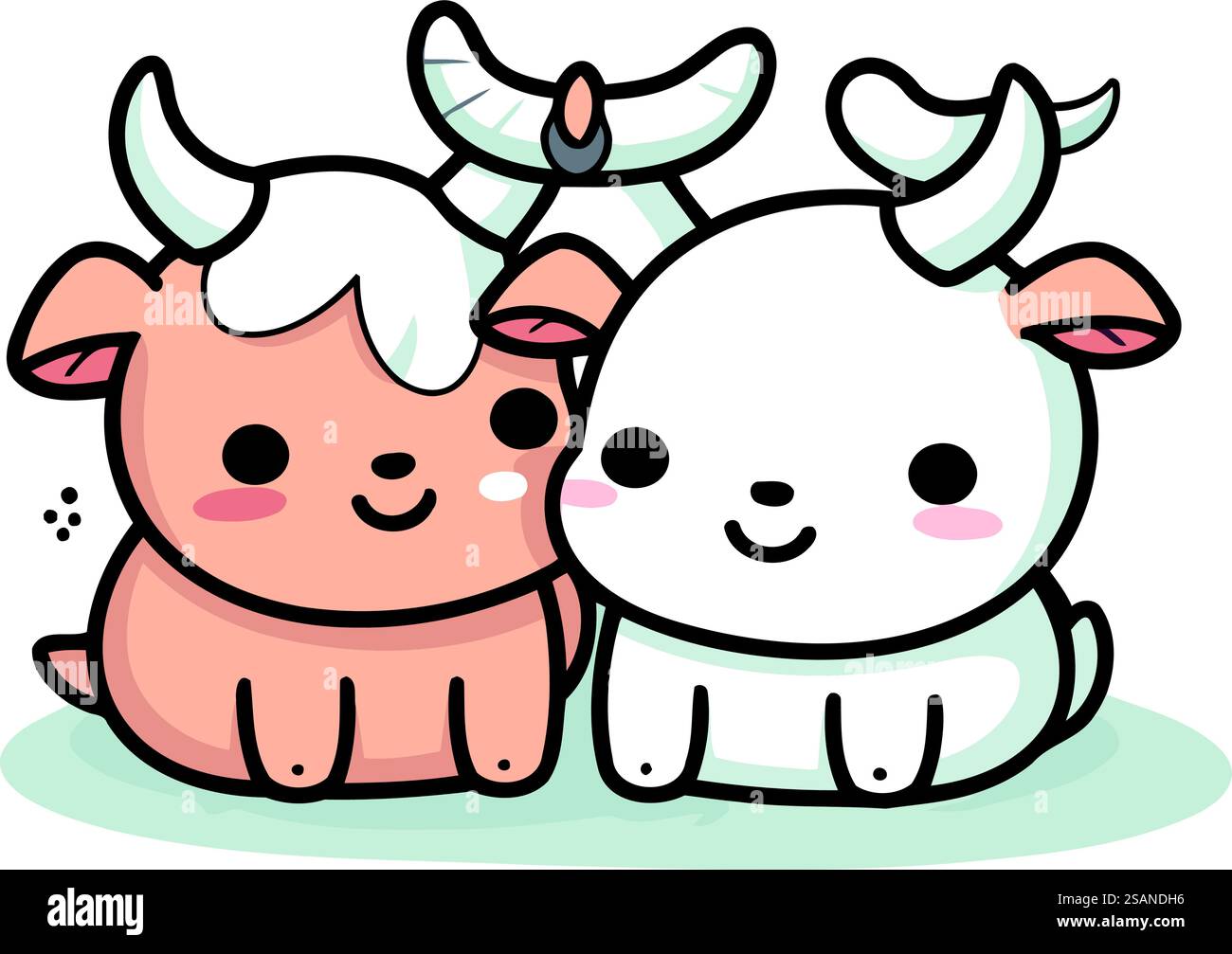 Carini cartoni animati mucca e toro. Illustrazione vettoriale su sfondo bianco. Illustrazione Vettoriale