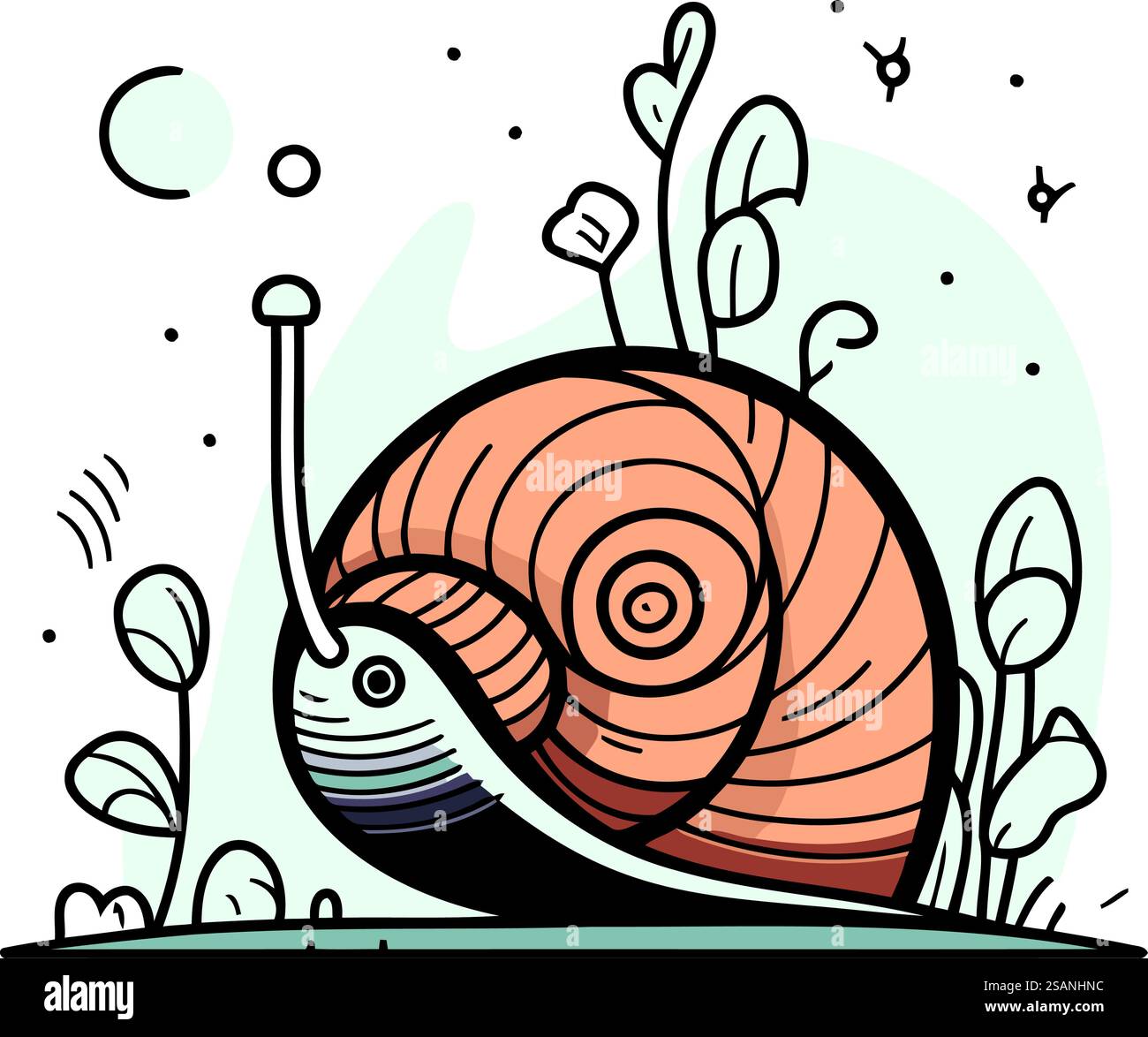 Lumaca in giardino. Illustrazione vettoriale in stile line art. Illustrazione Vettoriale