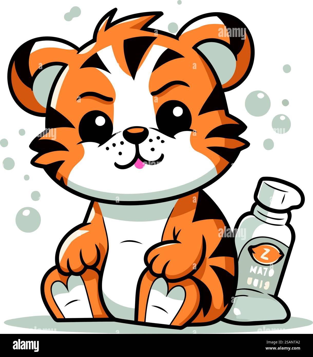 Carina tigre dei cartoni animati con una bottiglia di medicina. illustrazione vettoriale. Illustrazione Vettoriale
