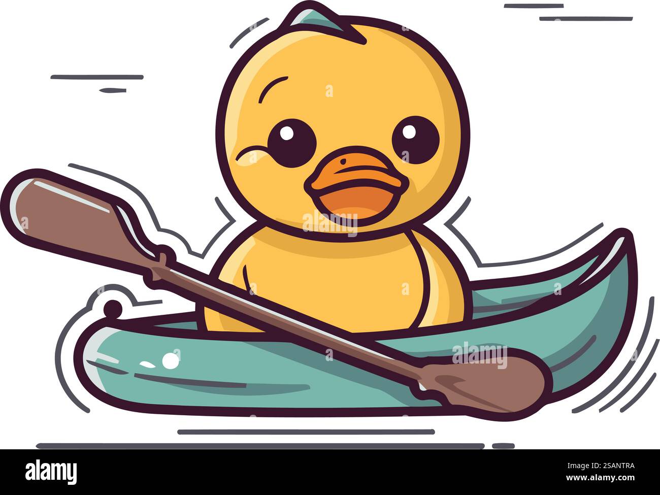 Carino anatra di gomma gialla cartoni animati in kayak. Illustrazione vettoriale. Illustrazione Vettoriale