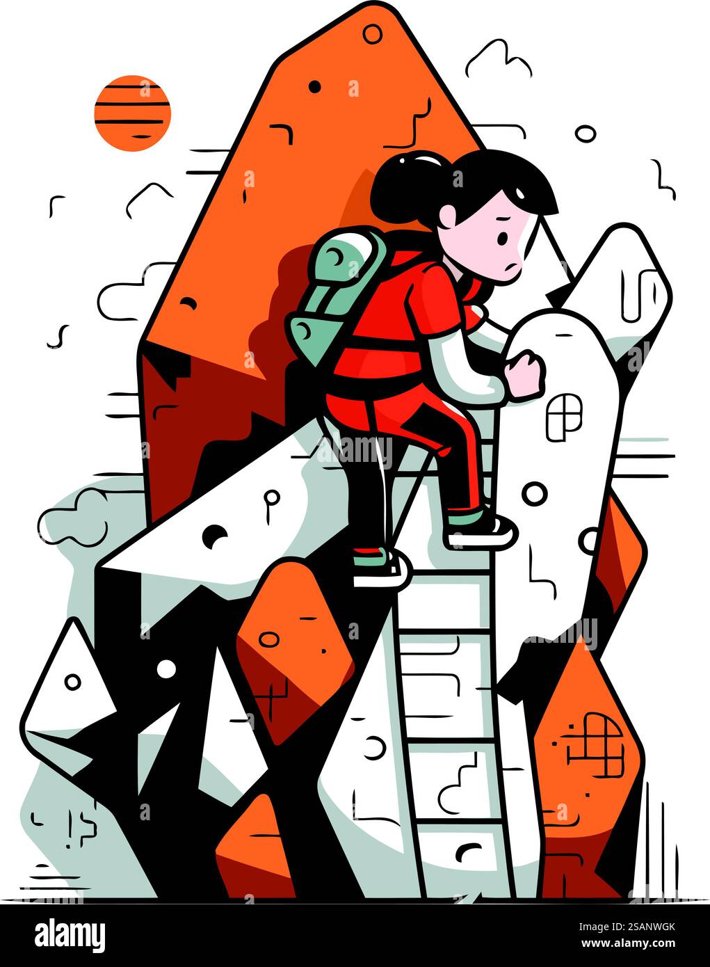 Scalatore che sale sulla montagna. Illustrazione vettoriale in stile piatto Illustrazione Vettoriale