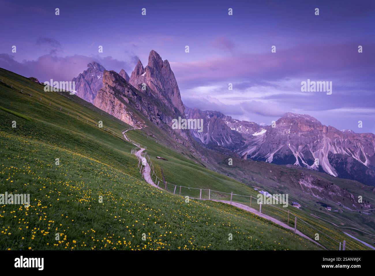 Ora d'oro al tramonto da Seceda, Dolomiti Foto Stock