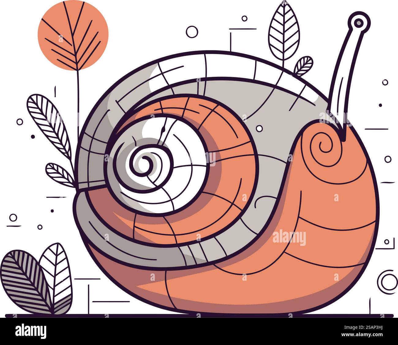 Lumaca e foglie. Illustrazione vettoriale in stile lineare su sfondo bianco. Illustrazione Vettoriale