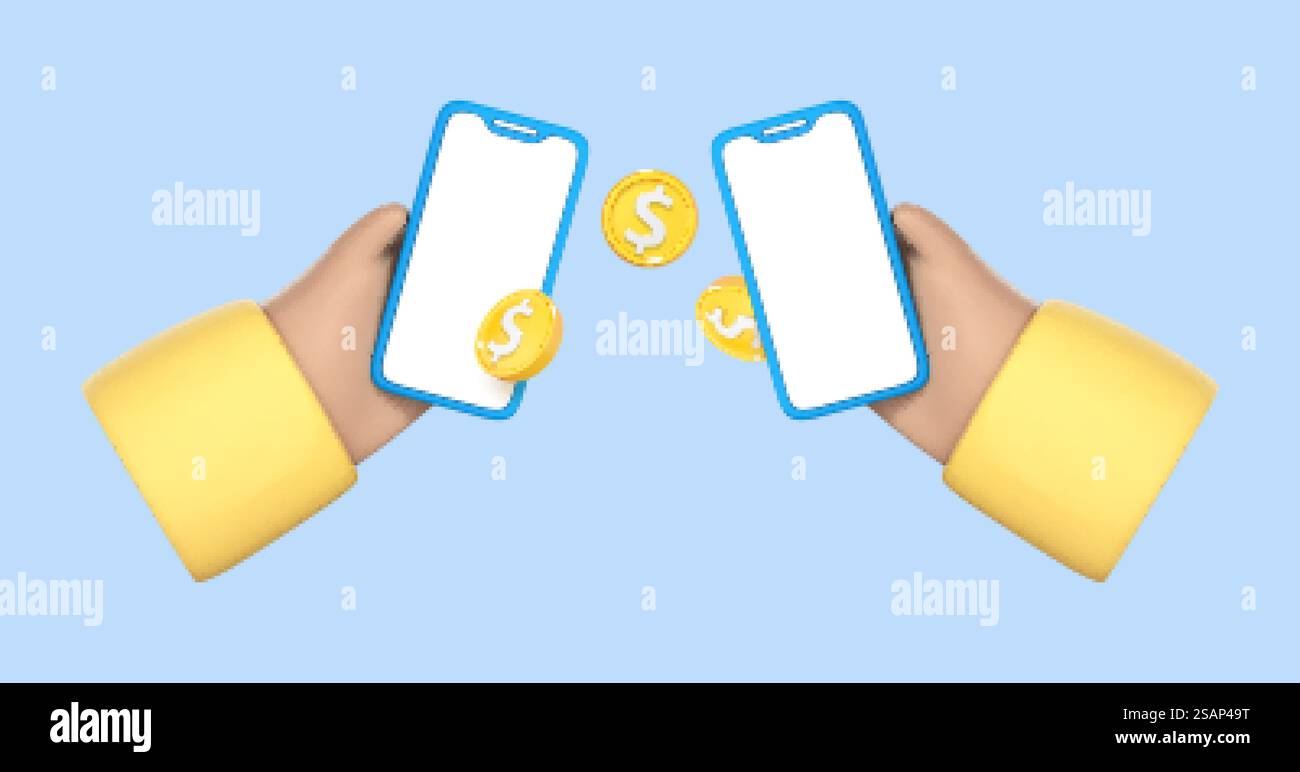 Due cartoni animati con le mani in mano che tengono i telefoni cellulari che fanno un trasferimento di denaro. Trasferimento di denaro su smartphone. Concetto di pagamento online. Portafoglio elettronico. Cashback e banca. Illustrazione vettoriale 3D. Illustrazione Vettoriale
