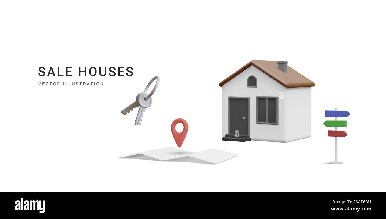 banner realistico 3d con casa, mazzo di chiavi e segnale stradale isolato su sfondo bianco. Agenzia immobiliare, concetto di casa di vendita. Icona della casa in stile cartoni animati minimal. Illustrazione vettoriale. Illustrazione Vettoriale
