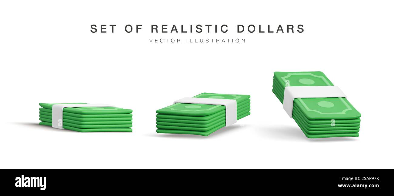 Set di stack 3D di dollari USA. Rendere una confezione di carta verde. Banconota in dollari cartacei isolata su sfondo bianco. Illustrazione vettoriale. Illustrazione Vettoriale