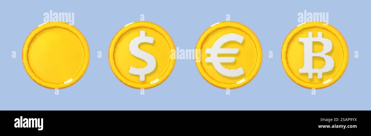 Set di icone monete d'oro per cartoni animati 3D. Monete con segni valute diverse. Illustrazione 3d vettoriale Illustrazione Vettoriale