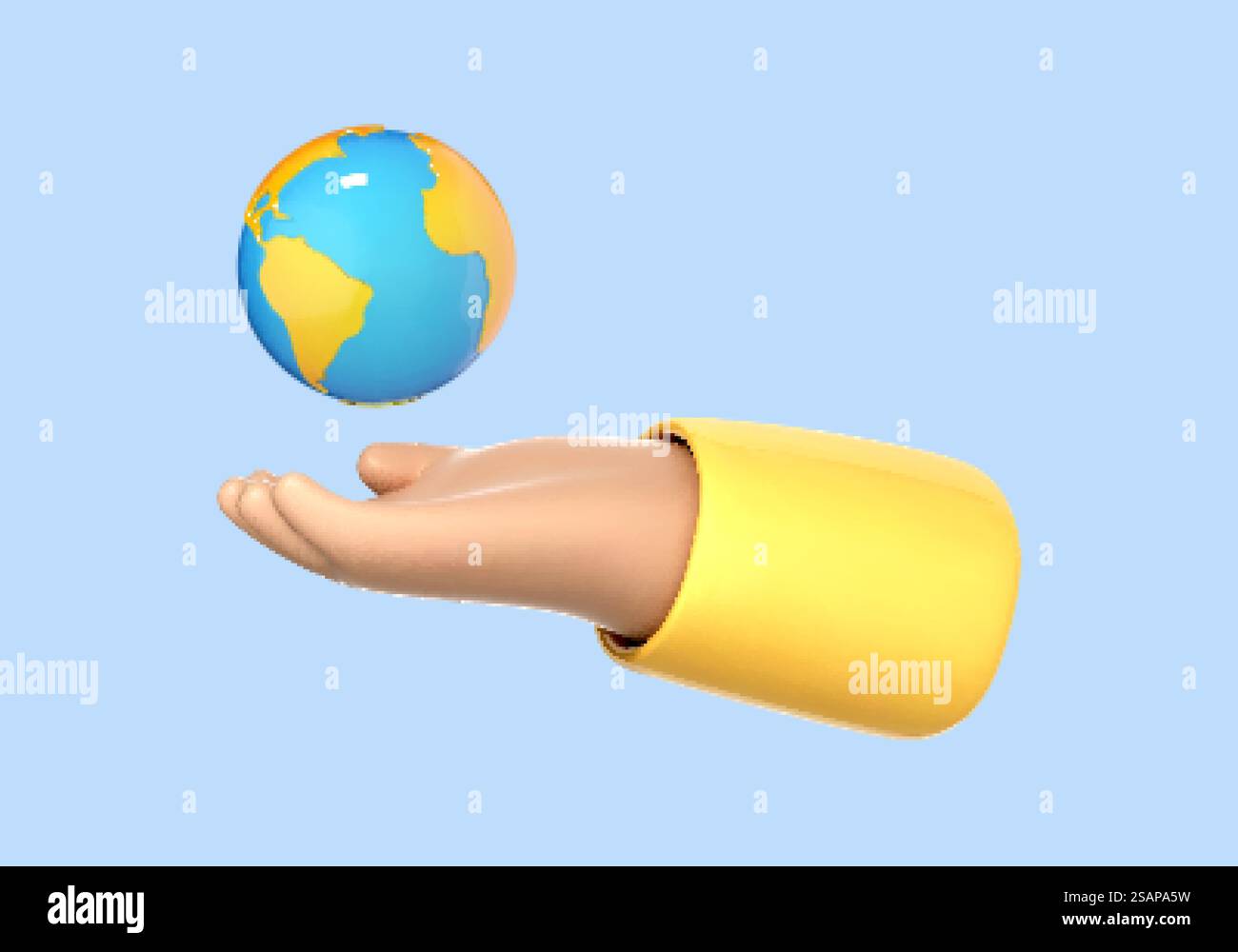 Cartoni animati 3D mano umana che tiene il globo pianeta Terra isolato su sfondo blu. Giorno della Terra. Concetto di ambiente Save World Illustrazione Vettoriale