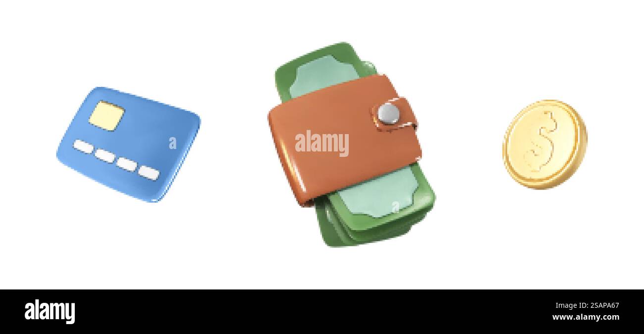 Portafoglio 3D, carta di credito e moneta d'oro isolati su bianco bianco. Concetto finanziario e bancario. Illustrazione 3d vettoriale Illustrazione Vettoriale