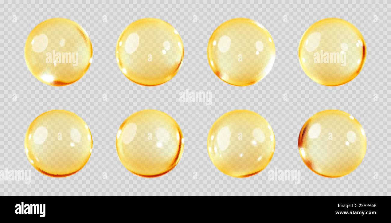 Bolle d'olio d'oro isolate su sfondo trasparente. Capsula di vitamina cosmetica o capsula di olio di omega 3. Siero di essenza di collagene. Concetto cosmetico e di cura personale. Realismo vettoriale Illustrazione Vettoriale