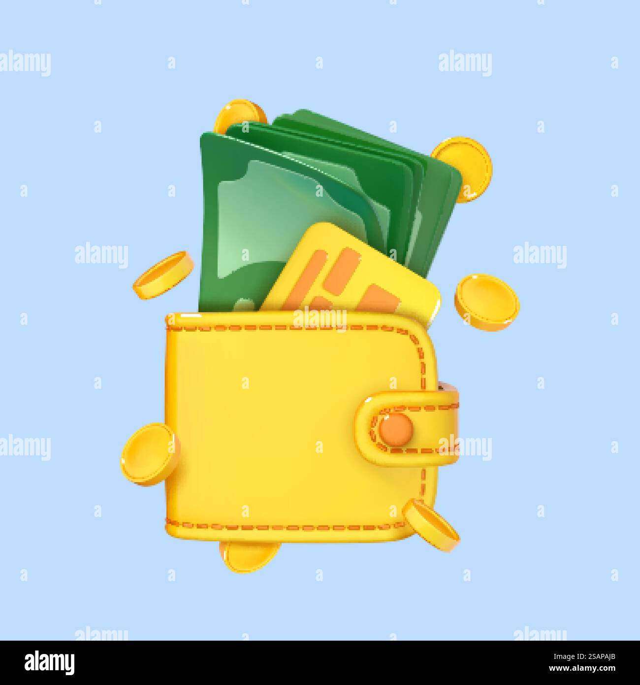 Portafoglio in denaro per cartoni animati 3D con carta verde in dollari, carta di credito e monete. Concetto di investimento finanziario aziendale. Illustrazione 3d vettoriale Illustrazione Vettoriale