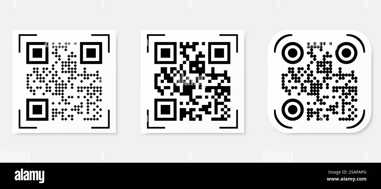 Set di icone codice QR vettoriale di esempio per la scansione dello smartphone isolate su sfondo bianco. Illustrazione Vettoriale