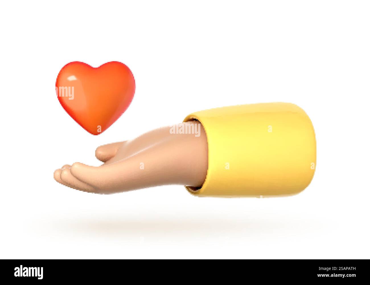 Mano di cartone animato 3D con cuore rosso isolato su sfondo bianco. Concetto di carità, amore, assistenza sanitaria. Simboli a forma di cuore Palm Hold. Illustrazione Vector 3D. Illustrazione Vettoriale
