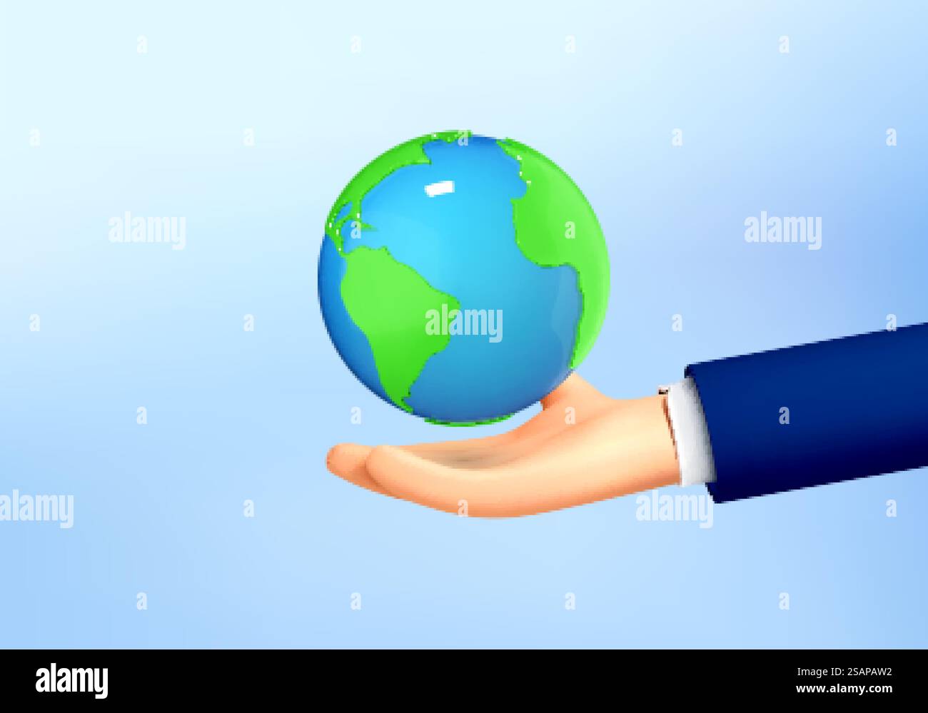 Globo isolato da mani umane su sfondo blu. Sostenere il concetto di terra. Green Planet nelle tue mani. Salvare la Terra. Concetto di ambiente. Illustrazione 3d del cartone animato vettoriale Illustrazione Vettoriale