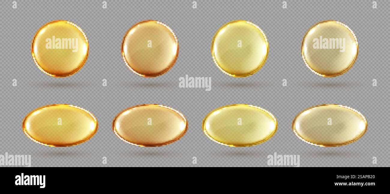 Capsule con olio, pillole tonde e ovali dorate isolate su fondo trasparente. Cosmetici, vitamina, omega 3 bolle d'oro. Goccioline di siero o essenza di collagene. Set di vettori realistici Illustrazione Vettoriale