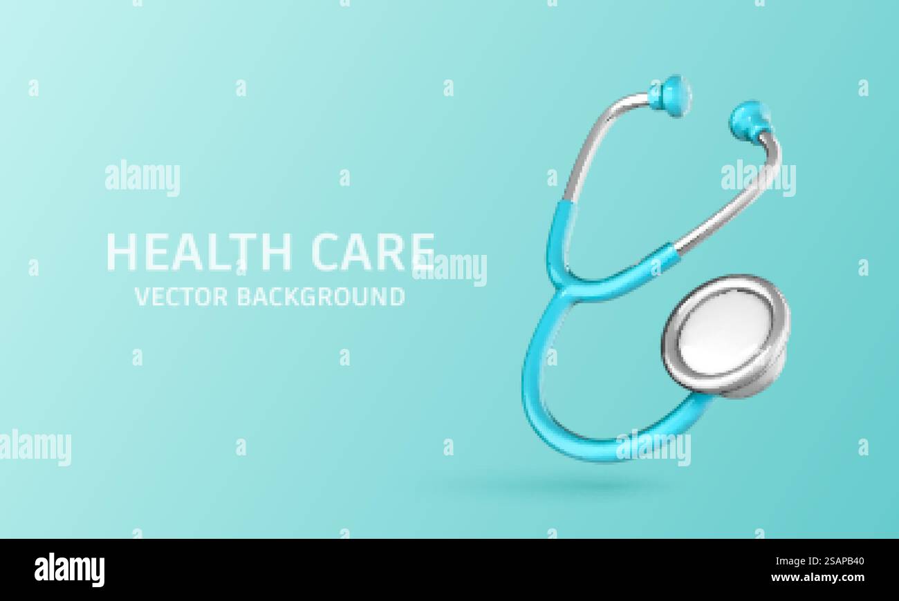Stetoscopio medico realistico 3D isolato su sfondo blu. Medicina e assistenza sanitaria, cardiologia, educazione medica. Illustrazione 3d vettoriale Illustrazione Vettoriale