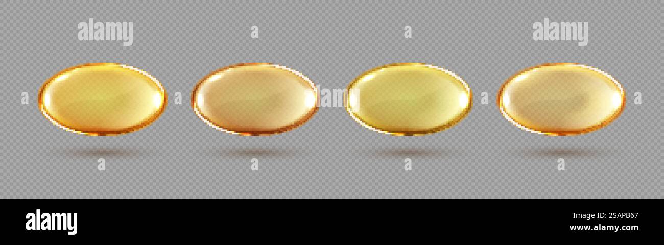 Bolle d'olio dorate isolate su sfondo trasparente. Capsula di vitamina cosmetica o capsula di olio omega 3. Siero vettoriale realistico di essenza di collagene. Illustrazione Vettoriale