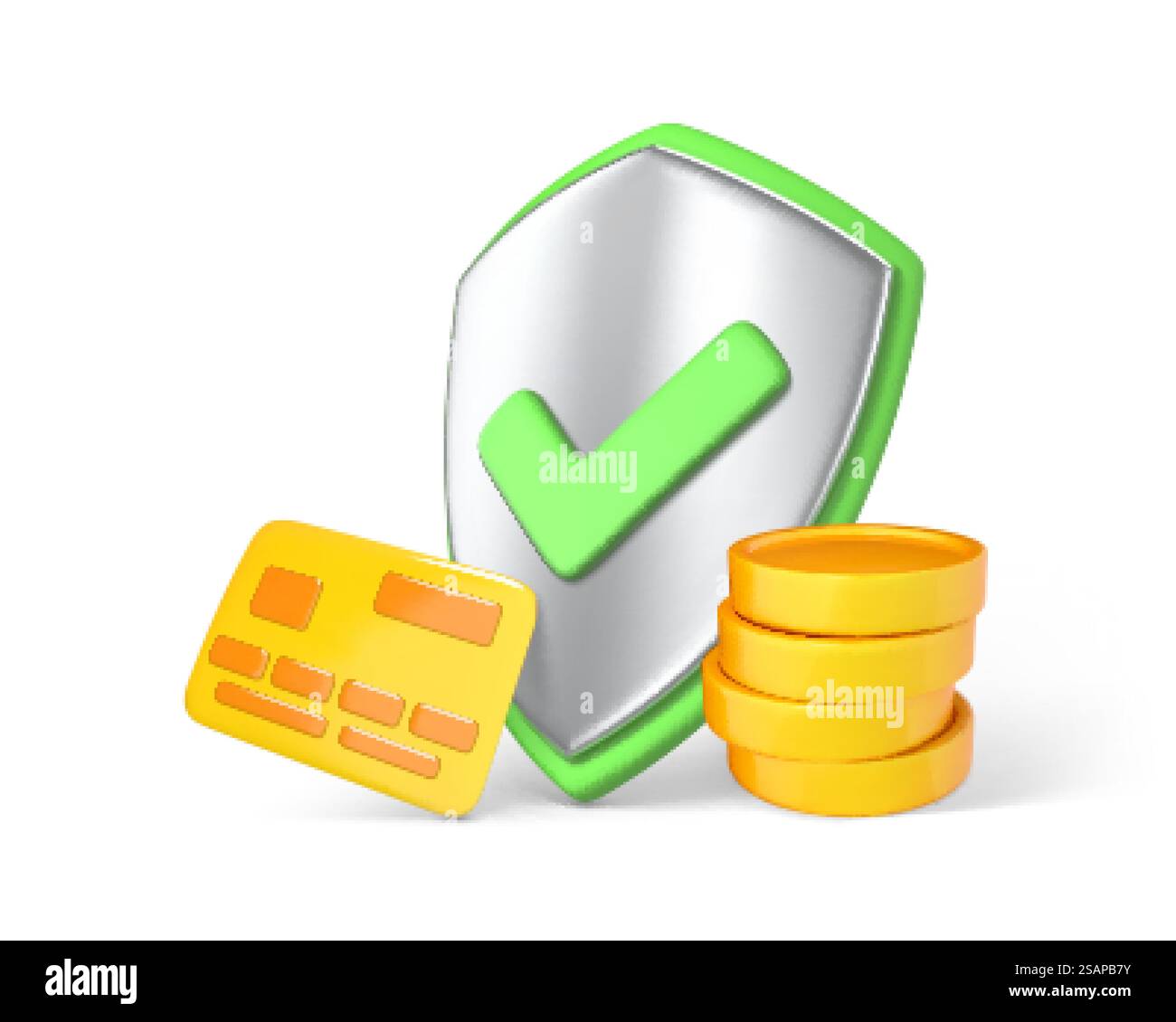 Scudo di protezione con monete e carta di credito. Concetto di garanzia di protezione del denaro. Assicurazione patrimoniale sui depositi finanziari. Investimento in contanti sicuro. Garanzia di sicurezza valutaria. Illustrazione vettoriale 3D. Illustrazione Vettoriale
