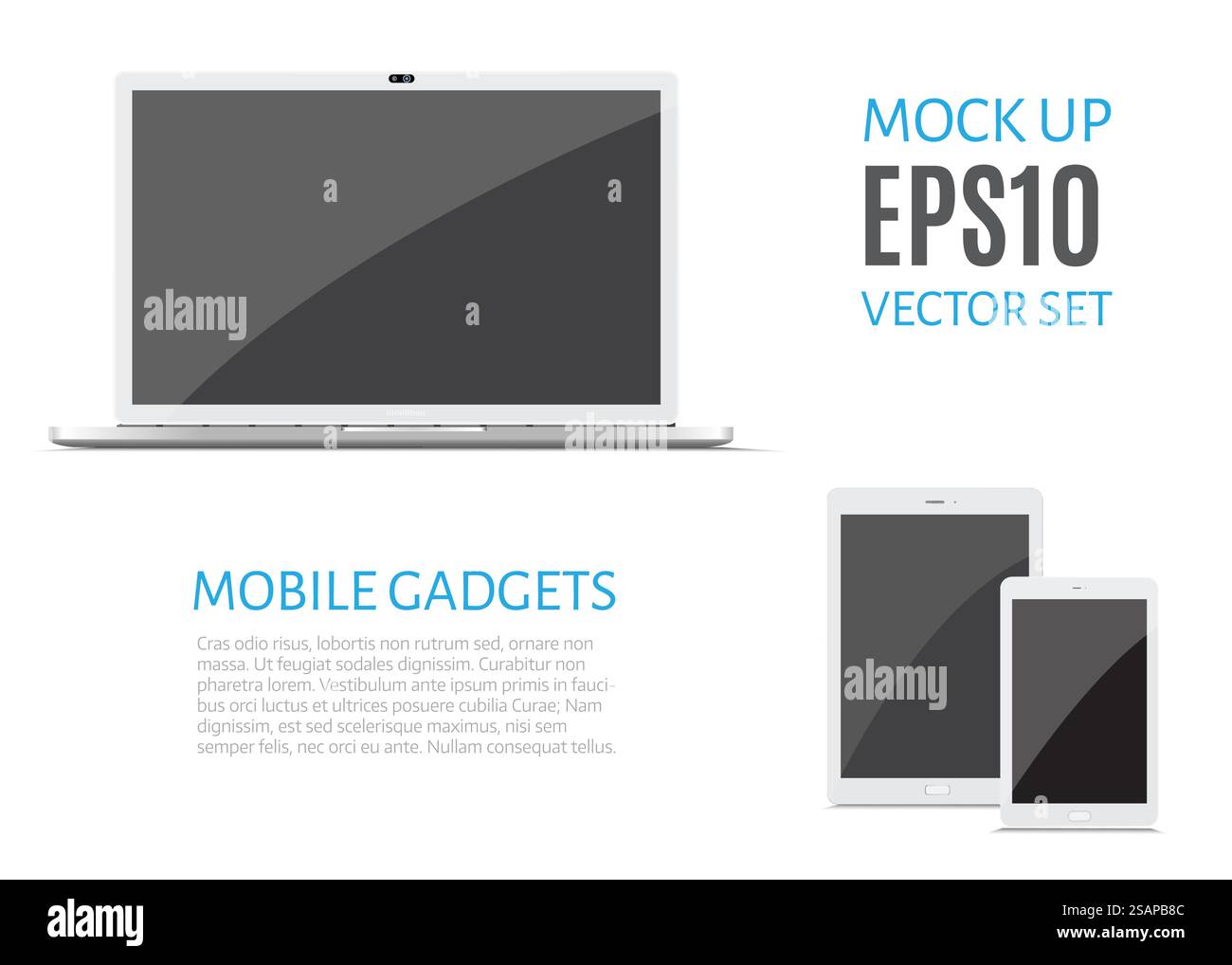 Gadget elettronici, isolati, su sfondo bianco. Monitor per computer, laptop, tablet e telefono cellulare. Modello vettoriale realistico.. Gadget elettronici, isolati, su sfondo bianco. Illustrazione Vettoriale