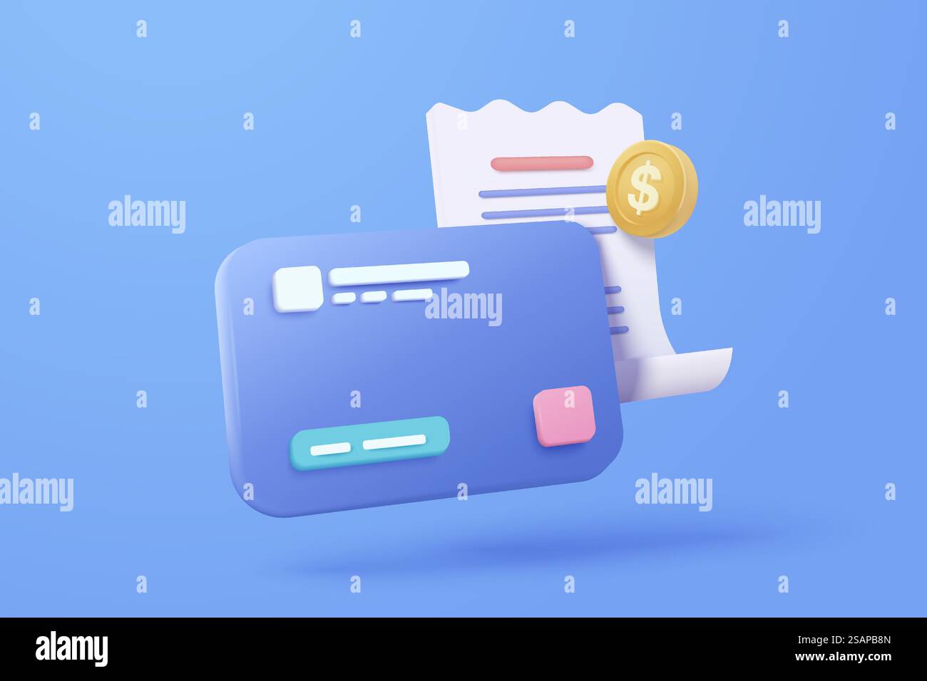 Pagamento di fatture in 3D con carta di credito e denaro per acquisti online, pagamento con carta di credito con notifica di avviso. Transazione fattura con moneta. illustrazione del rendering dell'icona del vettore di ricezione 3d. Illustrazione Vettoriale