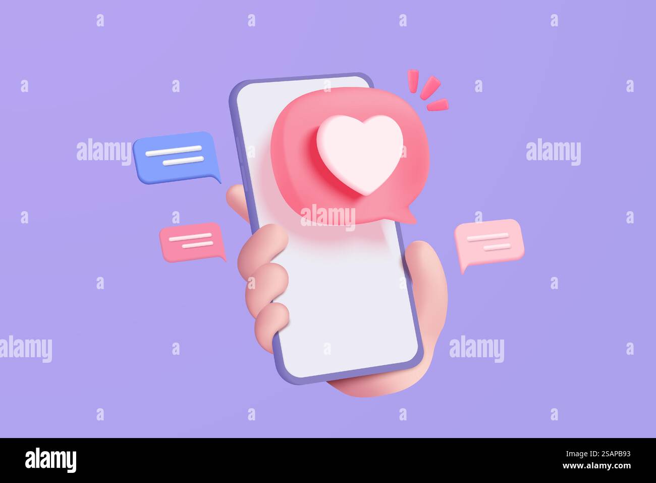 Concetto di piattaforma online di social media 3D, comunicazione sociale online su applicazioni, telefono cellulare con icona emoji cuore e amore, come e gioca con icone 3d a bolle rosse. concetto di rendering vettoriale 3d. Illustrazione Vettoriale