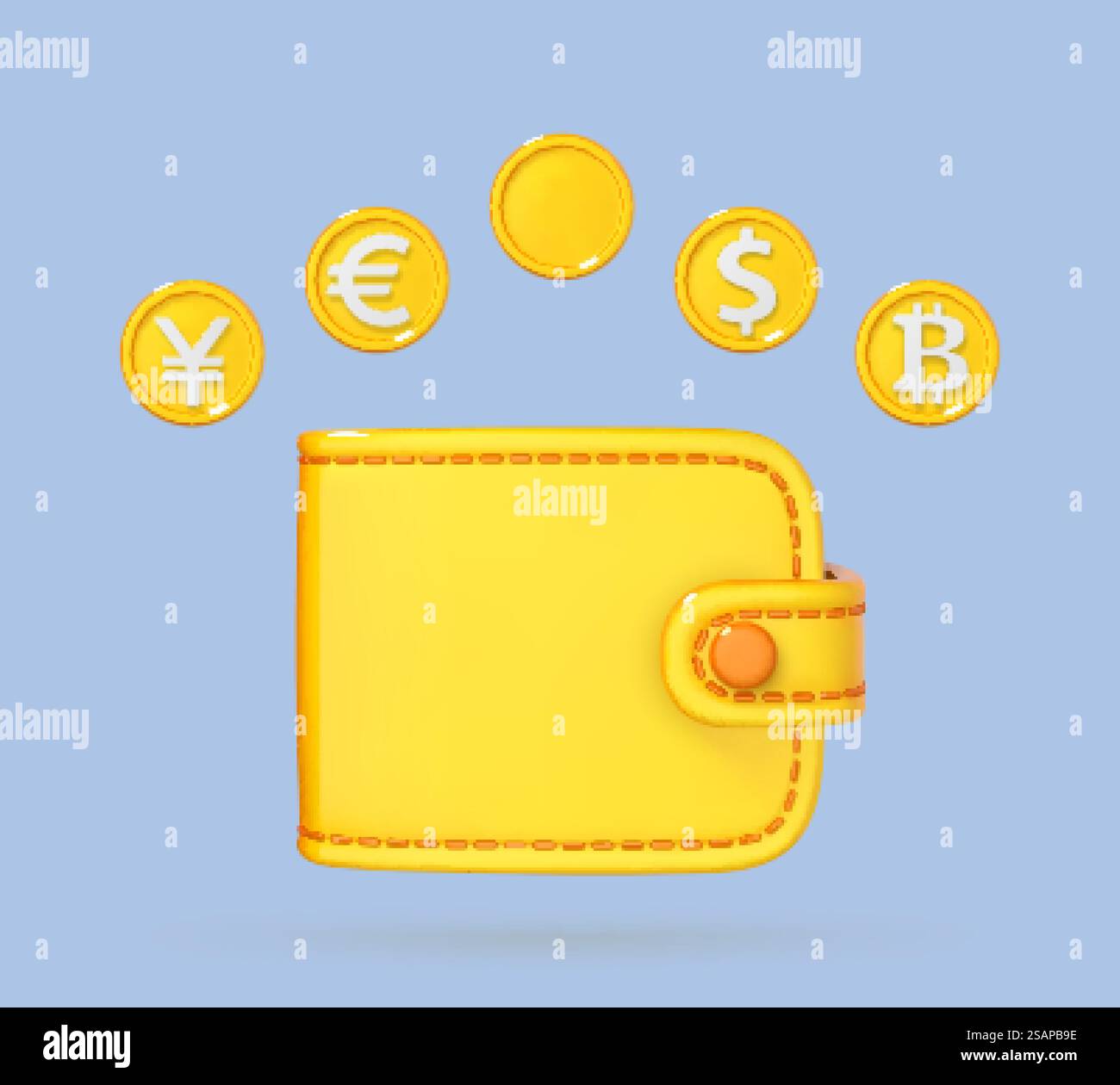 Cambio valuta online e concetto bancario. Simboli di valuta dollaro, euro, sterlina, Yen e Aitcoin con portafoglio. Concetto di business, finanza o cambio valuta. Illustrazione vettoriale 3D. Illustrazione Vettoriale