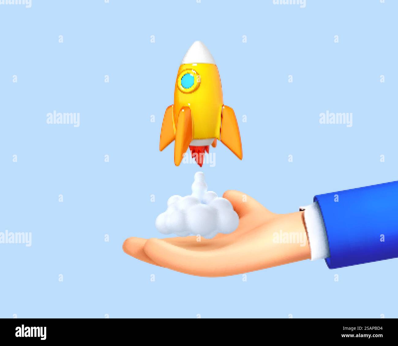 Mano del cartoni animati che regge l'icona del razzo che decolla dal lancio su sfondo blu. Lanciare sul mercato un prodotto aziendale. Concetto di startup aziendale. Illustrazione vettoriale 3D. Illustrazione Vettoriale