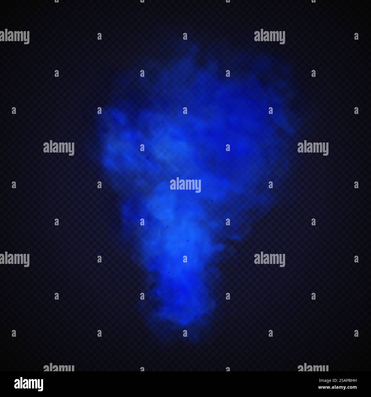 Fumo blu isolato su sfondo trasparente scuro. Nuvola di nebbia magica blu realistica. Illustrazione vettoriale realistica. Illustrazione Vettoriale