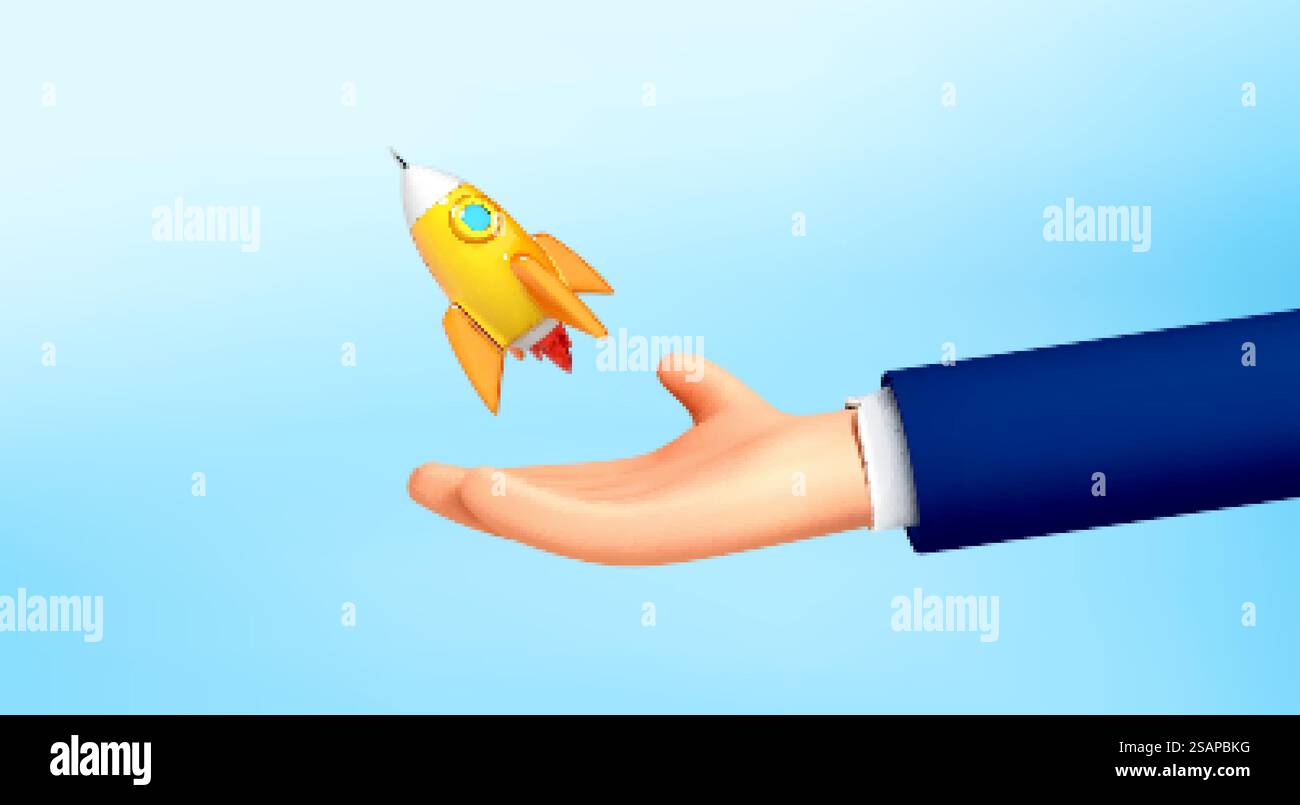 Cartoon 3d mano che regge l'icona del razzo che decolla, lancia su sfondo blu. Lanciare sul mercato un prodotto aziendale. Concetto di startup aziendale. Illustrazione vettoriale Illustrazione Vettoriale