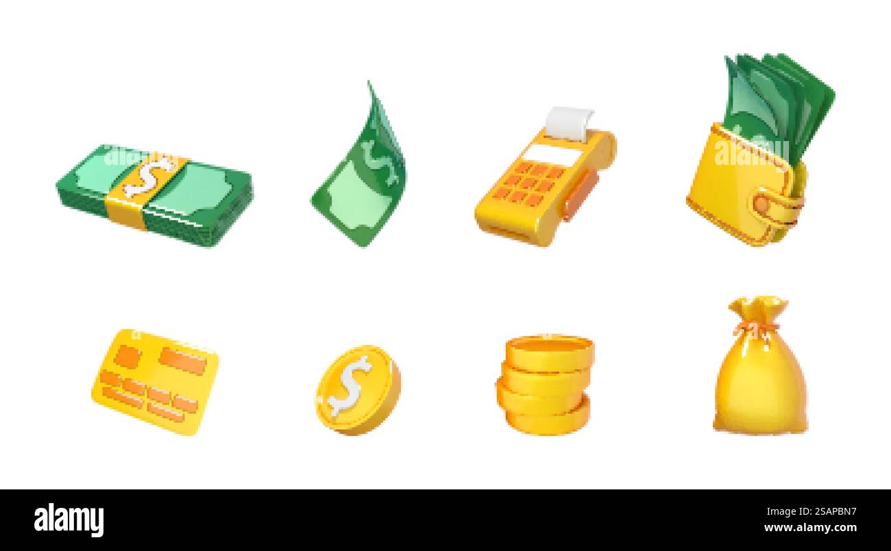 Set di icone dei cartoni animati 3D del tema Money isolato su sfondo bianco. Icone Vectort 3D. Illustrazione Vettoriale